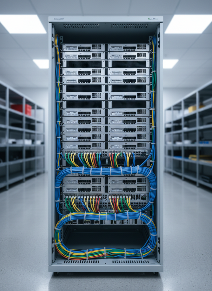 A meticulously organized data center server rack lined with neatly bundled, color-coded structured cabling and gleaming metallic server chassis. The scene is set within an immaculate, climate-controlled technical room featuring polished grey flooring and industrial steel shelving. Cool, evenly distributed LED overhead lighting casts crisp white reflections on the cable jackets and hardware, emphasizing clarity of design and order. The mood is focused and professional, evoking trust in robust technological infrastructure. Captured at eye-level with a centered, balanced composition, every detail is sharply in focus. The overall look embodies clean photographic realism with a neutral, corporate color palette, perfectly suited for a forward-thinking technology services site.